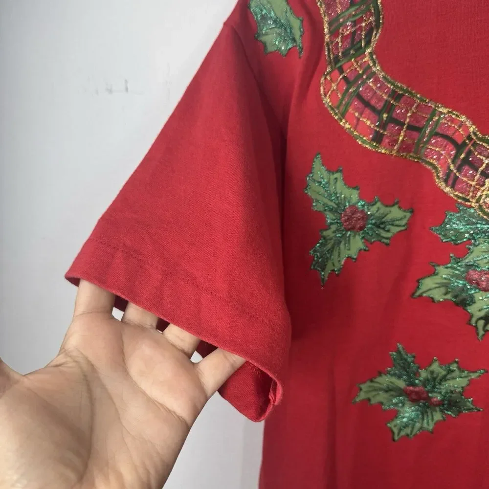 Fruit of the Loom Vintage L Christmas Shirt - Red Plaid Ribbon Bow - Made in USA